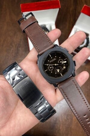 Men’s Fossil Watch Chronograph Leather Belt With Extra Stainless Steel Chain (SG-207)